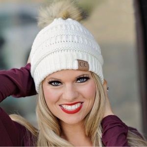 C.C. Women's Fur Pom Pom Ribbed Chunky Cable Knit Beanie Hat Solid Ivory…